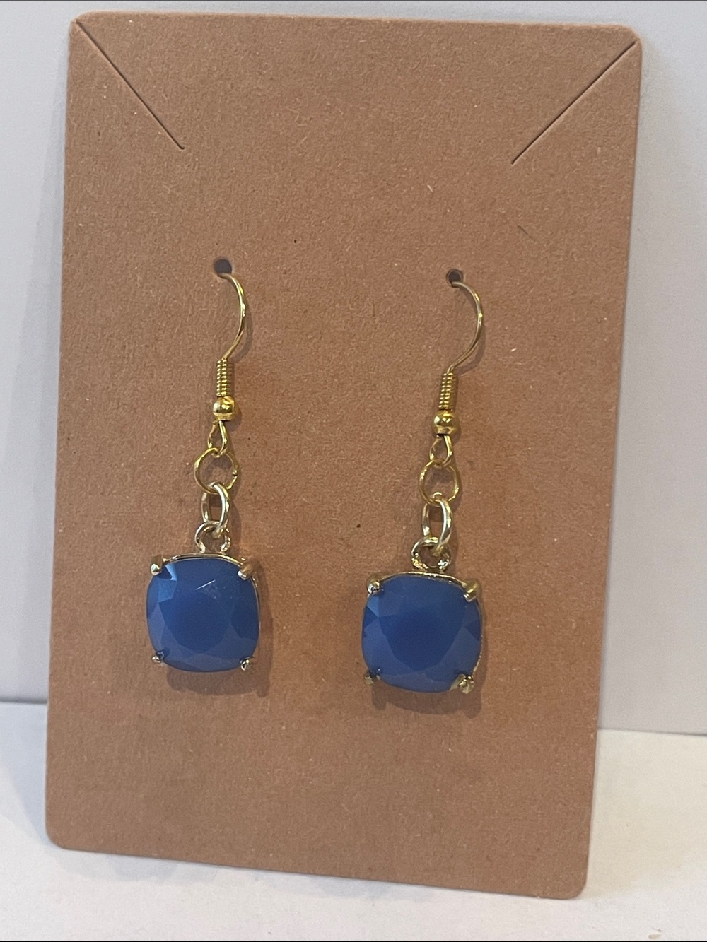 Gold Drop Earrings with Blue Cushion Stones - Women Jewelry